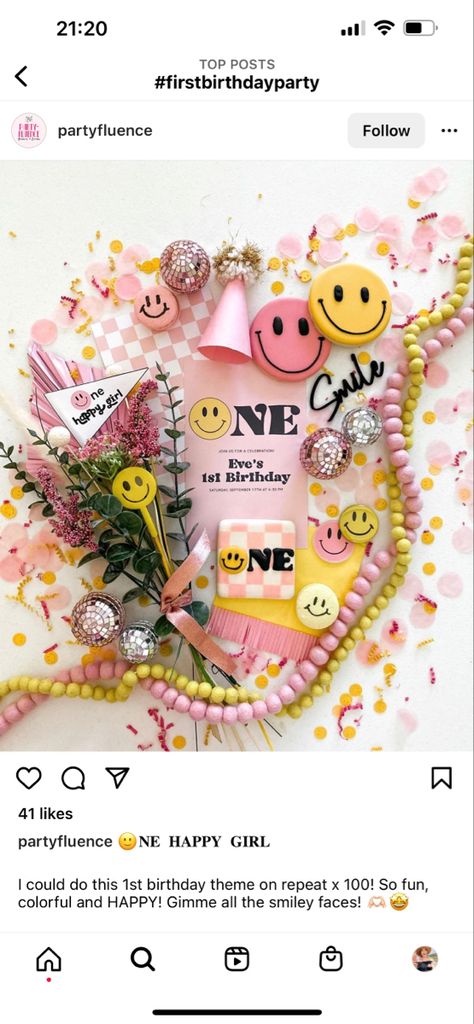 Good Vibes Only Birthday Party, Smiley Bday Theme, Pink Smiley Face Party Theme, Summer Vibes Birthday Party, Happy Themed Birthday Party, Smiley 1st Birthday, Smiley Birthday Theme Party Ideas, Smiley Theme Birthday Party, Smiley One Birthday