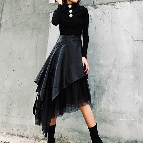 QING MO Irregular Skirt 2024 Spring Summer New PU Leather Combination Mesh High Waist A-line Mid Black Mesh Skirt, Tule Rok, Pu Leather Skirt, Mode Boho, فستان سهرة, Linen Maxi Dress, Mesh Skirt, Fashion Mode, Linen Dresses