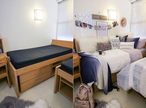 Barracks Room Decor, Dorm Room Ideas Purple, Room Ideas Purple, Barracks Room, Purple Dorm Rooms, Army Barracks, Collage Dorm, Beautiful Dorm Room, Dorm Aesthetic