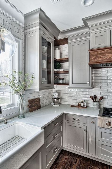 modern rustic kitchen with grey inset shaker cabinets white tile backsplash silver knobs and pulls Hiasan Dalaman Dapur, Dapur Moden, Серая Кухня, Grey Kitchen Designs, Kabinet Dapur, Gray Cabinets, Farmhouse Kitchen Cabinets, Kitchen Cabinets Makeover, Grey Kitchen Cabinets