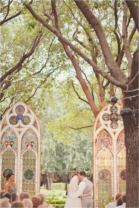 Outdoor chapel. Stained Glass Window Wedding Backdrop, Stained Glass Themed Wedding, Stained Glass Window Wedding, Stained Glass Backdrop, Stained Glass Wedding Arch, Wedding Stained Glass Ideas, Stained Glass Wedding Decor, Stained Glass Wedding, Sleeping Beauty Wedding