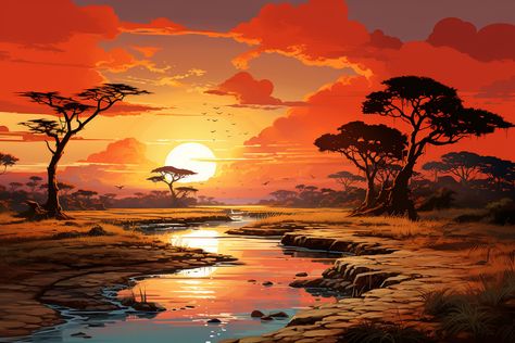 Landscapes Realistic Digital Style expansive savannas under setting sun Savannah Art, Velvet Painting, Cosy Cottage, Gift Drawing, Setting Sun, Big Art, Buddha Art, Landscape Illustration, Lion Tattoo