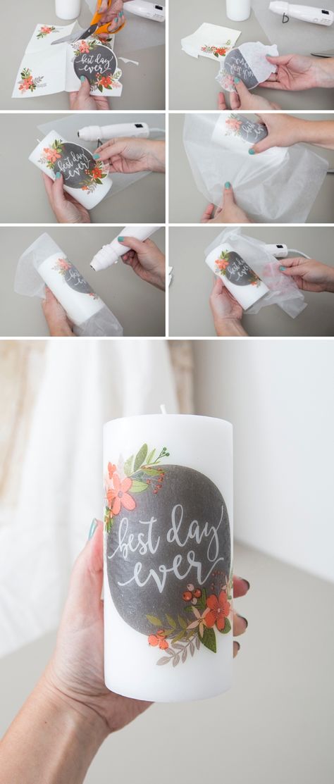 How To Personalize Candles, Personalised Candles Diy, Diy Candle Design Ideas, How To Make Pillar Candles, Decorate Pillar Candles, Napkins On Candles, Memorial Candles Diy, Diy Pillar Candles, Decorating Pillar Candles