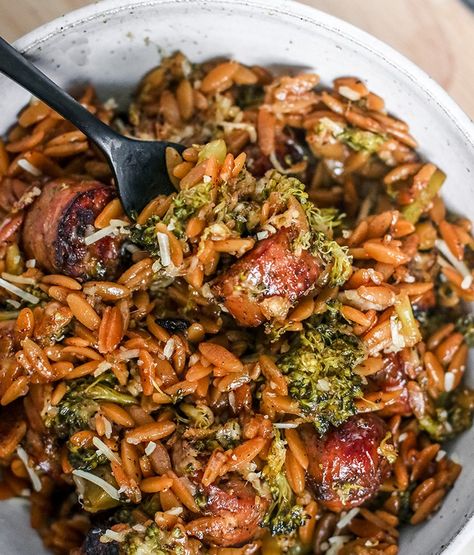 Chicken Sausage, Broccoli and Orzo Skillet — SMART CHICKEN Chicken Sausage Broccoli, Healthy Comfort Food Dinners, Broccoli Orzo, Orzo Skillet, Sausage Broccoli, Protein Veggies, Healthy Comfort, Comfort Food Recipes Dinners, Healthy Comfort Food