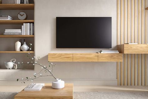 Wall Mounted Tv Console Decor, Media Wall With Shelves One Side, Entertainment Center Ideas Floating, Floating Media Unit, Suspended Tv Console, Tv Above Desk, Floating Tv Stand Living Room, Tv Wall Console, Minimalist Tv Wall