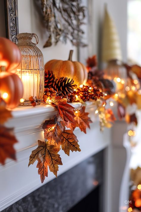 Fall Mantel Decor Ideas with pumpkins, pine cones, fairy lights, and autumn leaves create a cozy, inviting feel for fall season home decor. Fireplace Autumn Decor, Fall Retreat Decorations, Fall Decor Floating Shelves, Fall Crafts For Adults Home Decor, Southern Fall Decor, Decorating With Gourds, Gourd Decorating Ideas, Thanksgiving Ideas Decorating, Fall Indoor Decor Ideas