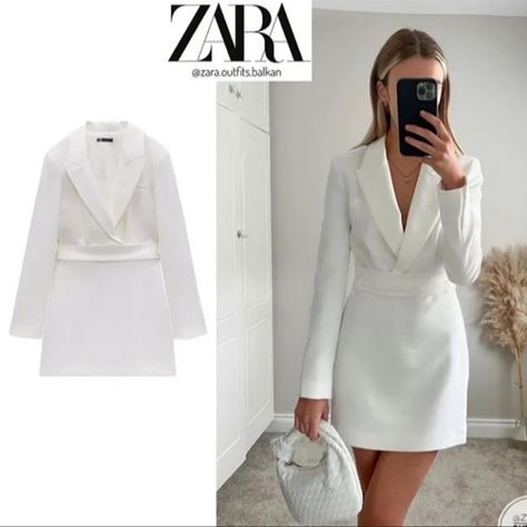 Zara Blogger White Blazer Dress Blazer Dress White, Zara Blazer Dress, Zara Poplin Dress, White Blazer Dress, Blush Sequin Dress, Printed Green Dress, Yellow Knit Dress, Zara Shirt Dress, Zara Midi Skirt