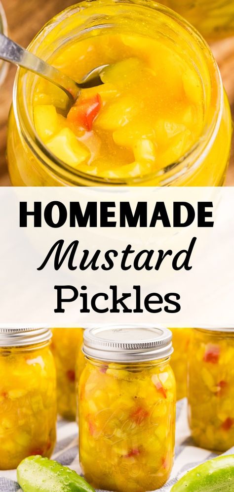 If you're looking for pickling recipes, you have to try these old-fashioned mustard pickles. Made with cucumbers, onions, and a sprinkling of red pepper pepper, this easy pickle recipe uses a sweet mustard sauce. Includes instructions for safe water bath canning, as well as refrigerator pickles. It's a great way to use up a lot of cucumbers - especially overgrown ones! Sweet Mustard Pickles, Mustard Pickles Recipe Canning, Sweet Mustard Pickles Recipe, Mustard Pickles Recipe, Preserving Cucumbers, Mustard Pickle Recipe, Make Mustard, Easy Pickling Recipes, Easy Pickle