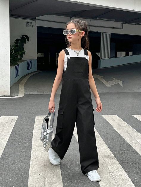 Black and White Casual Collar   Plain  Embellished Slight Stretch  Tween Girls Clothing Trendy Kids Outfits Daughters, 11year Girl Outfits, School Outfits Elementary Girl, Clothes For 12 Year Girl, Kid Fashion Girl, Stray Kids Clothes, Preteen Outfits For Girls, Middle School Style, Cute Girls Outfits