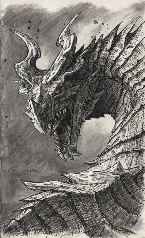 Dragon Sketches Realistic, Fantasy Drawings Dragon, Alduin Skyrim Drawing, Cool Fantasy Drawings, Mythical Art Sketches, Powerful Dragon Art, Dragon Drawing Scary, Dark Fantasy Line Art, Dnd Dragon Drawing