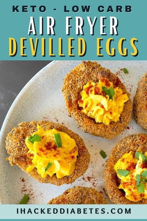 Crispy and creamy devilled eggs made with a keto crust, perfect appetizer made in the air fryer. #keto #lowcarb #airfryer Deviled Eggs Air Fryer, Eggs Air Fryer, Creamy Deviled Eggs, Keto Crust, Low Carb Air Fryer, Buffalo Deviled Eggs, Fried Deviled Eggs, Devilled Eggs, Keto Air Fryer