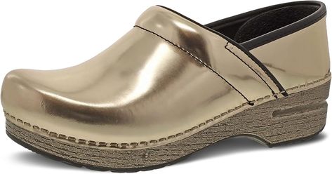 Amazon.com | Dansko Professional Chrome Slip-On Clogs for Women - Rocker Sole and Arch Support for Comfort - Ideal for Long Standing Professionals - Food Service, Healthcare Professionals Gold Chrome 7.5-8 M US | Mules & Clogs Chic Ballet Flats, Clogs For Women, Chic Heels, Fashion Shoes Flats, Summer Flats, Gold Chrome, Comfortable Flats, Professional Women, Food Service