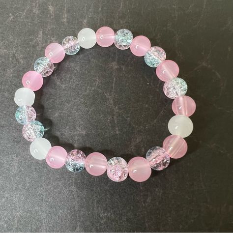 Mkw Emporium Handmade Beaded Bracelet Pink White Blue Unicorn Cotton Candy Elastic Bracelet Stretchy Crackle Glass Bead Bracelet #515 Handmade Item. Made With 8mm Round Glass And Crackle Glass Beads. Custom Bead Bracelets, Crackle Glass Beads Bracelet Ideas, Cute Bracelet Ideas Diy, Cute Bracelets Diy Beads, Glass Bead Bracelet Patterns, Glass Beaded Bracelets Ideas, Pink Bracelet Ideas, Cool Beaded Bracelets, Glass Beads Bracelet Ideas