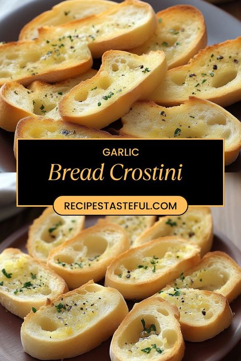 Deliciously crispy and garlicky, these Garlic Bread Crostini are perfect as an appetizer, side dish, or snack. Simple to make and bursting with flavor, they pair wonderfully with dips, soups, or your favorite toppings. Baked Garlic Bread, Crostini Bread, Crostini Recipe, Dip Recipes Appetizers, Crostini Appetizers, Crostini Recipes, Baked Garlic, Bakery Desserts, Recipes Appetizers