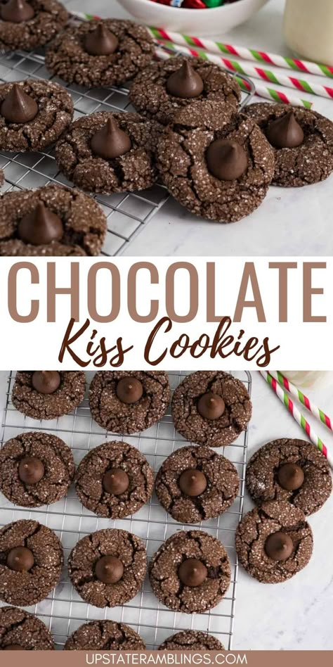 Celebrate the season with Sparkly Chocolate Kiss Cookies that are as fun to make as they are to eat! Each cookie is topped with a chocolate kiss and coated in a sugary sparkle, making them the perfect addition to your holiday dessert table. Share the joy of baking with friends and family while indulging in these festive treats! Christmas Cookies With Kisses, Christmas Cookies With Hershey Kisses, Cookies With Kisses On Top, Cookies With Chocolate Kisses, Cookies With Kisses, Hershey Kisses Recipes, Baking With Friends, Soft Chocolate Cookies, Kisses Cookies