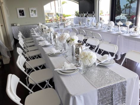 Elegant White And Silver Table Decor, White And Silver Dinner Party, Silver Wedding Anniversary Table Decor, 60th Wedding Anniversary Table Decorations, Silver Bridal Shower Decorations, Silver And White Anniversary Decorations, Birthday Decorations White And Silver, White And Silver Bday Decor, Silver And White Table Decorations