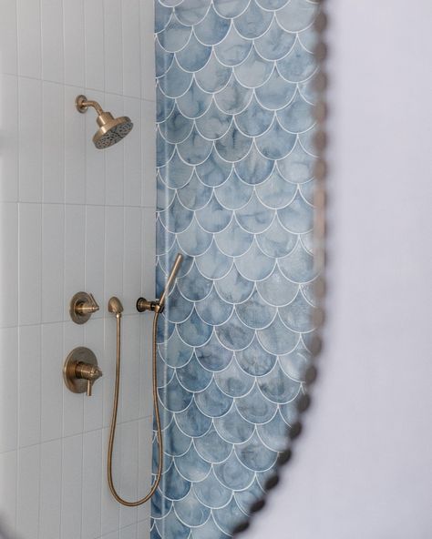 Blue Scallop Tile, Scale Tiles Bathroom, Scallop Tile Bathroom, Scallop Tile, Scallop Mirror, Scallop Tiles, Island Beach House, Scalloped Mirror, Sarah Sherman