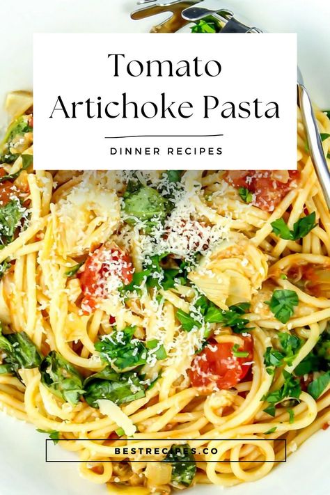 This Tomato and Artichoke Pasta combines the rich flavors of diced tomatoes, marinated artichokes, and fresh basil. Ready in just 20 minutes, it's perfect for a quick, satisfying dinner. The garlic and onions add depth, while parmesan gives a creamy finish. Try this simple recipe that’s sure to become a family favorite! Save it to your Dinner Recipes board for more meal ideas! Pasta Diced Tomatoes, Spaghetti Parmesan, Artichoke Spaghetti, Pasta With Artichokes, Marinated Artichokes, Tomato Pasta Recipe, Artichoke Pasta, Meal Inspiration, Food Pasta