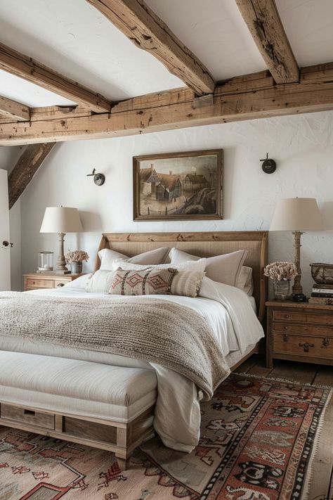 French Cottage Master Bed, Modern English Country Bedroom, European Country Bedroom, British Countryside Bedroom, Beam Bedroom, Rustic Ranch Bedroom, Cottage Interior Design Bedroom, Cottage Uk Interior, Modern English Cottage Bedroom