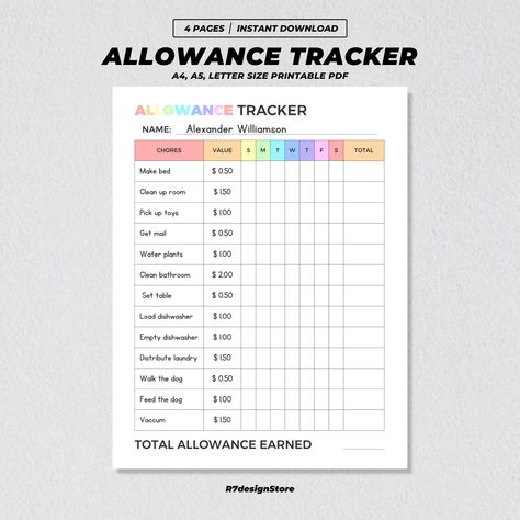 Allowance Tracker For Kids Printable, Weekly Allowance Chore Chart Tracker, Kawaii Colorful Earn Money Editable Sheets, Children To Do Lists Allowance Chore Chart, Allowance Tracker, To Do Lists, Chore Chart, Printable Artwork, Worksheets For Kids, Printables Kids, How To Make Bed, Planner Pages