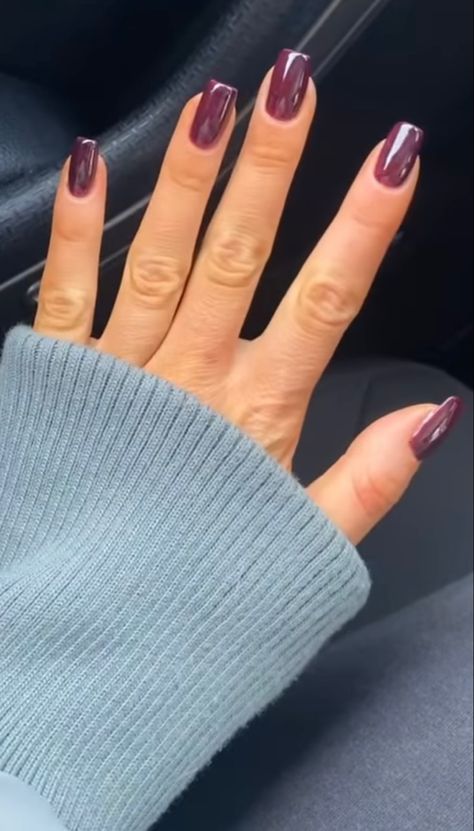 Aubergine Nails Art, Fall Colors Gel Nails, Plum Square Nails, Cute Nail Colors For Fall, Plum Colour Nails, Chrome Plum Nails, Squoval Gel X Nails, Chic Nail Colors, Mauve Nails With Chrome