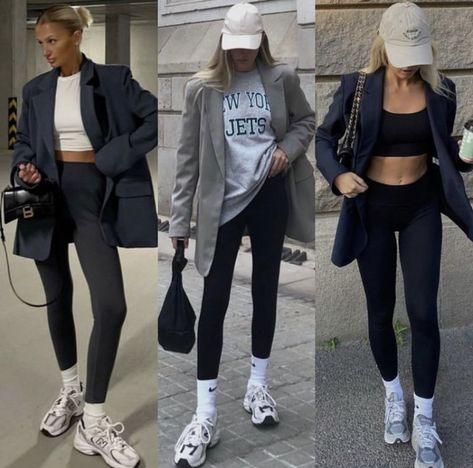 Blazer And Activewear, New Balance 9060 Summer Outfit, Legging Style Outfit Ideas, Professional Sporty Outfits, New Balance 530 Outfit Inspo Women, Edgy Athleisure Outfits, Nb 9060 Outfit Woman, Newbalance Outfits 9060, Active Outfits For Women