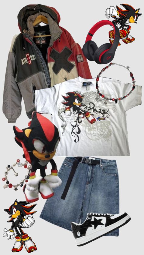 shadow drip #shadowthehedgehog #sonic #sonicthehedgehog #y2koutfit #outfitinspo #jorts #baggy #cute Peony Aesthetic, Baggy Outfit Ideas, Jorts Baggy, Silly Clothes, Street Outfits, Fashion Kawaii, Girl Fashion Style, Aesthetic Streetwear, Funky Outfits