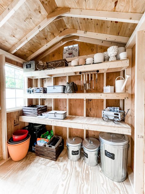 Potting Shed Reveal Potting Shed Shelving Ideas, Garden Shed Interiors Inspiration, Creative Shed Ideas, Garden Shed Flooring Ideas, Shed Remodel Interior, Tiny Garden Shed, Shed Makeover Interior, Potting Shed Interior Ideas, Garden Shed Organization