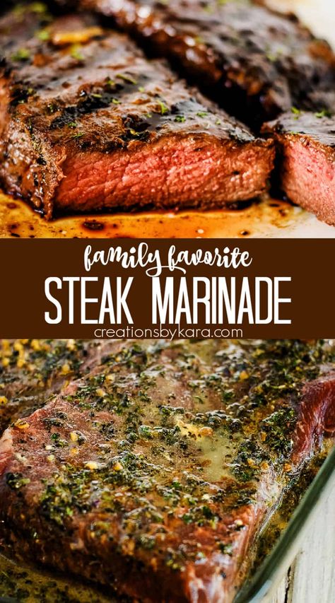 Best Steak Marinade Recipe - use this marinade for steaks that are bursting with flavor. Plus tips for grilling juicy steak every time. #steakmarinade #sirloinsteakmarinade #marinade #dinnerrecipe #lowcarb #grilling -from Creations by Kara Round Steak Marinade, Tenderizing Steak Marinade, Sirloin Marinade, Marinade For Steaks, Sirloin Steak Marinade, Beef Steak Marinade, Homemade Steak Marinade, Marinated Steak Recipes, Steak Marinade For Grilling