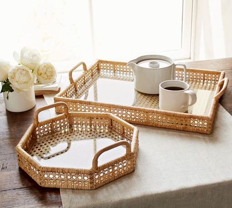 Sarah Bartholomew Madeline Tray Sarah Bartholomew, Crockery Design, Woven Trays, Desain Pantry, Rattan Tray, Kitchen Island Decor, Cane Furniture, Bamboo Crafts, Island Decor