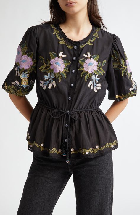 Cord Set, Black Floral Blouse, Embroidered Shorts, Garden Inspired, Farm Rio, Jewel Neck, Hippie Chic, Winter Garden, Floral Blouse