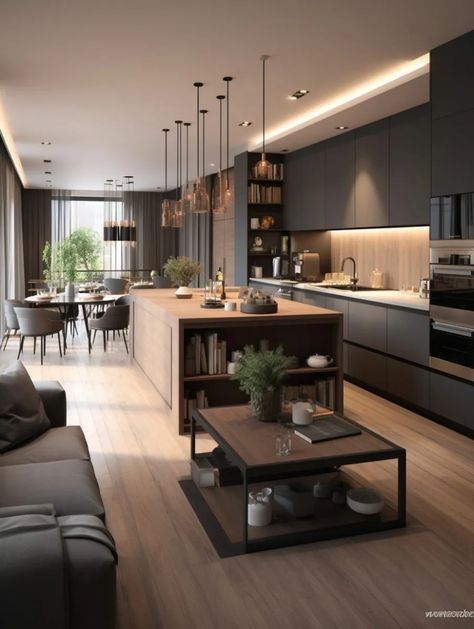 Luxury Kitchens, Kitchen With Living Room Open Concept, Contemporary Design Interior, Open Kitchen And Living Room, Modern Apartments, Open Plan Kitchen Living Room, Appartement Design, Kitchen Dining Living, Sopot