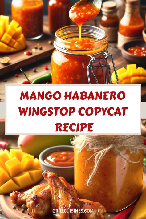 We have another chicken wings recipe for you that will knock your socks off! It's time to enjoy the best copycat recipe for Mango Habanero Wingstop chicken wings. This recipe has just the right amount of sweetness and heat to make your mouth water.Chicken Wing Sauce Recipes, Mango Habanero Wings Recipe, Habanero Recipes, Mango Recipes Homemade Mango Habanero Sauce, Wing Stop Mango Habanero Sauce, Mango Habanero Sauce For Wings, Wingstop Mango Habanero Wings, Mango Habanero Sauce Wings, Mango Habanero Bbq Sauce Recipe, Mango Sauce For Chicken, Mango Habanero Recipes, Habanero Wings Recipe