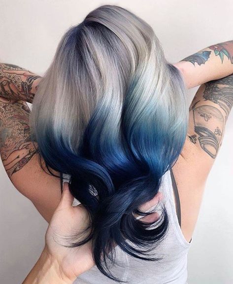 White Hair Highlights, Silver Blue Hair, Diy Ombre Hair, Blue Grey Hair, Hair Expo, Denim Hair, Blue Ombre Hair, Dark Blue Hair, Peekaboo Hair