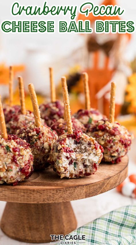 Cranberry Cheese Ball Recipes, Cranberry Cheese Bites, Cranberry Cream Cheese Ball, Cranberry Cheeseball Recipes, Finger Foods On A Stick, Cranberry Bacon Cheese Ball, Cranberry Pecan Cheeseball, Cheese Balls With Pretzel Sticks, Cheeseball Bites Pretzel Sticks