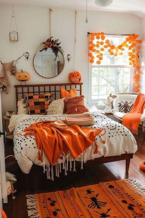 #HalloweenBedroom #SpookyDecor #HauntedHouse #TrickOrTreat #GhoulishBedroom #PumpkinPatches #WitchyVibes #CreepyCrawlies #GhostlyBedroom #CostumeParty #FrightNight #HalloweenHome #ScaryDecor #Boo-tifulBedroom #JackOLanterns Cozy Halloween Decor, Halloween Themed Bedroom, Eerie Lighting, Seasonal Room Decor, Fall Apartment Decor, Halloween Bedding, Halloween Bedroom Decor, Fall Room, Fall Room Decor