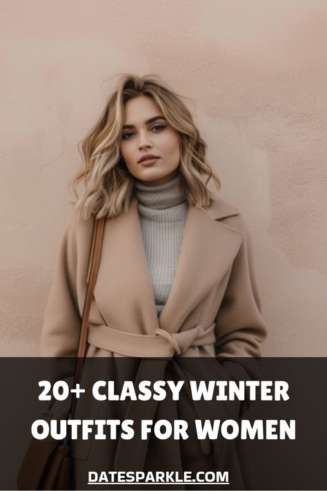 Woman in a stylish beige coat over a gray turtleneck, showcasing classy winter fashion. Winter Outfit Women Classy, Winter Coat Outfits Classy, Classy Winter Outfits Chic Elegant, Winter Outfits Cold Classy Chic Elegant, Elegant Winter Outfits For Women, Rich Outfits Classy Winter, Fancy Winter Outfits Classy, Classy Outfits For Winter, Chic Winter Outfits Classy