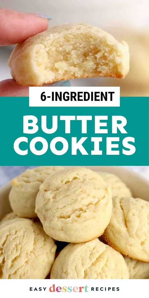 This quick and easy butter cookie recipe is made with just 6 staple ingredients and takes just 25 minutes. So simple! Simple Ingredient Baking Recipes, Few Ingredient Cookie Recipes, Quick Candy Recipes Simple, Fast And Easy Cookies Recipes, Unsalted Butter Recipes, Easy Soft Cookies, Fast And Easy Cookies, Easy Holiday Cookies Simple, Easy Fast Cookie Recipes