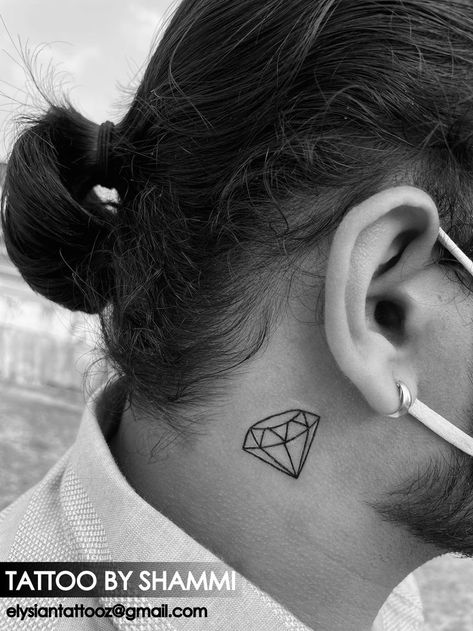 Diamond Ear Tattoo, Diamond Neck Tattoo, Diamond Tattoo Behind Ear, Diamond Tattoo Men, Simple Neck Tattoos, Point Tattoo, Small Diamond Tattoo, Diamond Tattoo Designs, Gem Logo