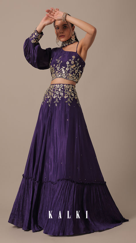 Put forth a fun and fabulous look by stepping out in this exquisitely designed lehenga set. Featuring a single cold-shoulder neckline, it flaunts intricate embroidery. Decked with sequin, cutdana and gota patti work, this two-piece outfit comes crafted on flowy chiffon fabric. Garment Illustration, Wedding Chaniya Choli, Chiffon Lehenga, Purple Lehenga, Fashionable Saree, Bollywood Theme, Gota Patti Work, Haldi Outfit, Quick Nail