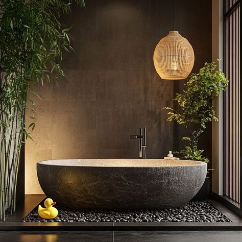 Serene nature-inspired bathroom with stone bathtub, pebbles, potted plants, and hanging lantern. Ideal for relaxation and unwinding. Nature Inspired Bathroom, Bathtub Surround, Serene Bathroom, Stone Bathtub, Hanging Lanterns, Free Standing Tub, Maine House, Modern Style, Bathroom Design