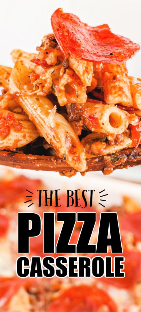 Pizza Casserole is all your favorite ingredients in one dish as you combine penne pasta, pizza flavors, gooey cheese, and top it with pepperoni -- just like a pizza! It's so easy to create this incredible, simple meal. #pizzacasserole #casserole #easycasserole #pepperoni #pizzapasta #easyrecipe #quickdinner #kidsloveit Best Pizza Casserole, Pepperoni Pasta Bake, Pizza Pasta Casserole Recipe, Easy Pizza Casserole, Pizza Casserole Recipe, Pizza Pasta Casserole, Baked Penne Pasta, Pepperoni Recipes, Penne Recipes