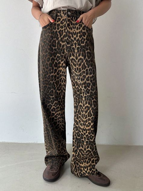 Women's Leopard Print Relaxed Fit Long Denim Jeans Brown Casual   Denim Leopard Print,Textured Pattern Straight Leg Non-Stretch  Women Clothing, size features are:Bust: ,Length: ,Sleeve Length: Animal Print Clothes, Animal Print Jeans, Leopard Jeans, Animal Print Outfits, Chic Halloween, Jeans Brown, Business Chic, Fall Jeans, Black Combat Boots