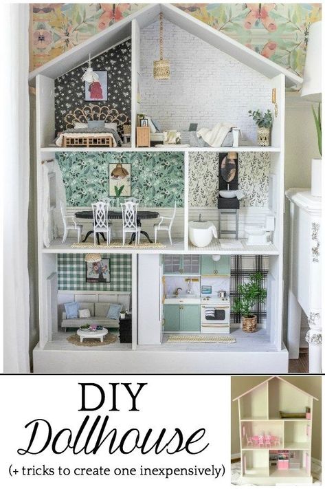 Tips and tricks for using what you already have and repurposing every day items from around the house to create a beautiful, real-looking dollhouse. Bookcase Dollhouse Diy, Easy Dollhouse Diy, Dollhouse Makeover, Painted Doll, Diy Barbie House, Dollhouse Diy, Doll House Plans, Dollhouse Projects, Dolls House Interiors