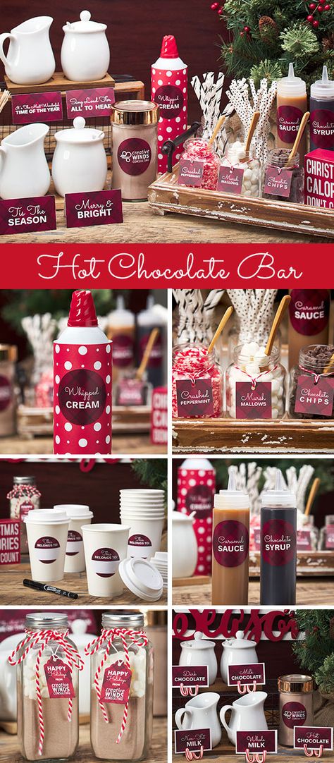 Customize a festive hot chocolate bar that everyone will love! Create tags, tent cards, labels, and more. Check out Avery.com for free templates and more ideas. Hot Chocolate Bar Party, Christmas Hot Chocolate Bar, Hot Chocolate Party, Cocoa Party, Hot Chocolate Bar, Chocolate Party, Christmas Hot Chocolate, Hot Cocoa Bar, Chocolate Caliente