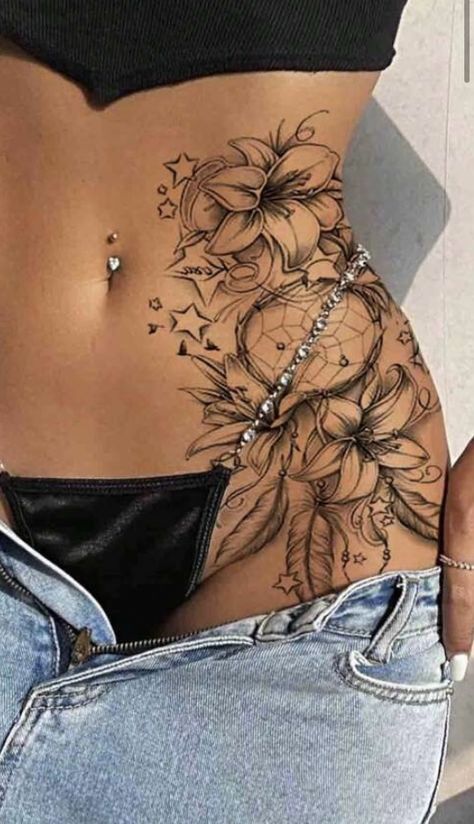 Side Tattoo Peice, Hip Floral Tattoos Women, Women Tattoos Hip, Womens Torso Tattoos, Stomach Tatoos Woman, Hipbone Tattoos For Women, Full Torso Tattoos For Women, Elegant Thigh Tattoos For Women, Hip Name Tattoo