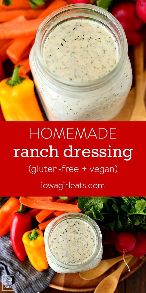 Homemade Ranch Dressing is made with fridge and pantry staples, gluten-free, and easily made vegan, too! This recipe is a must-have for ranch-lovers! | iowagirleats.com #glutenfree Gluten Free Ranch Dressing, Ranch Dressing Recipe Homemade, Dairy Free Dips, Homemade Pantry, Ranch Dressing Recipe, Salad Dressing Recipes Homemade, Homemade Ranch Dressing, Iowa Girl Eats, Resep Diet