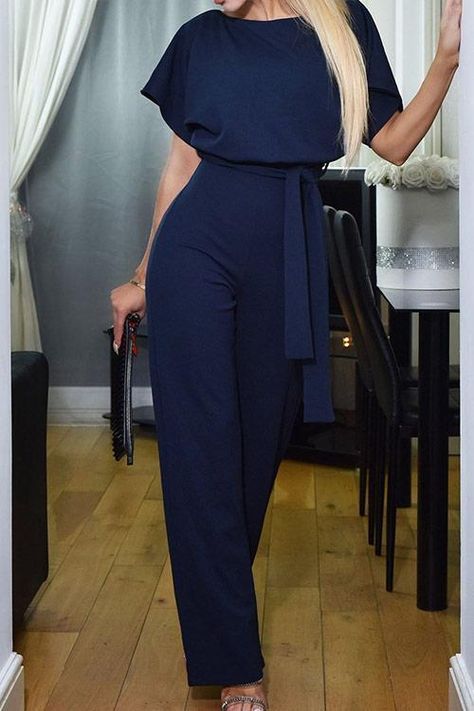 Lulunina Short Sleeve Knot Jumpsuit S / BLUE Weekend Dresses, Jumpsuit Elegant, Plus Size Jumpsuit, Loose Shorts, Looks Chic, Jumpsuit Fashion, Fashion Pattern, Casual Streetwear, Wide Leg Jumpsuit