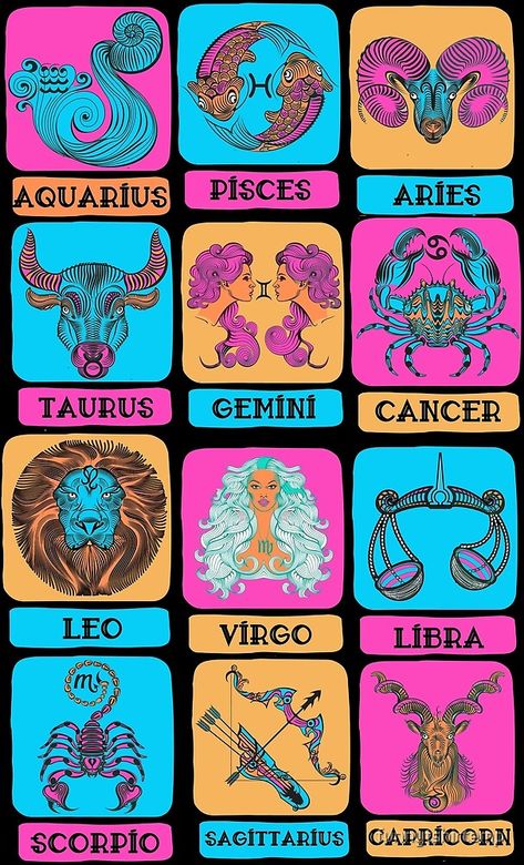 "Zodiac Signs Pop Art colorful Vintage Astrology Signs Horoscope Fun " by funnytshirtemp | Redbubble Aquarius And Pisces, Vintage Astrology, Signs Horoscope, Design Studio Logo, Zodiac Tattoos, Zodiac Designs, Astrology Art, Sagittarius Capricorn, Scorpio Sagittarius