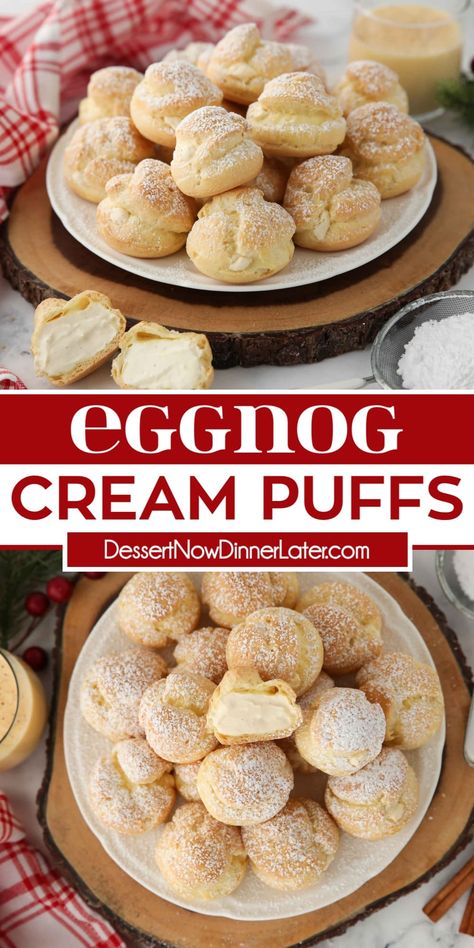 Love egg nog or have some leftover? Transform it into a whipped eggnog pastry cream to fill these Eggnog Cream Puffs with. They're the perfect bite-sized dessert for entertaining guests during the holidays and a great finger food for New Year's Eve! Eggnog Puff Pastry, Christmas Desserts Eggnog, Egg Nog Pastry Cream, Leftover Eggnog Recipes Baking, Cream Puff Cream Filling, Christmas Cream Puffs Holidays, Christmas Finger Food Deserts, Egg Nog Deserts, Cream Puffs Christmas